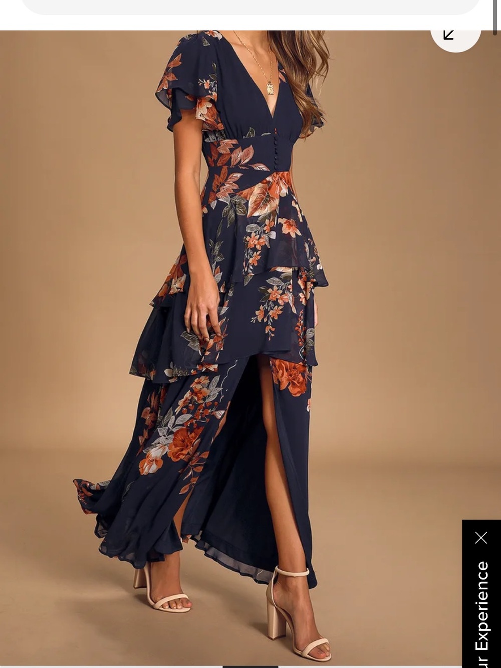 Lulu’s Navy Floral Tiered Maxi Dress with Flutter Sleeves XL